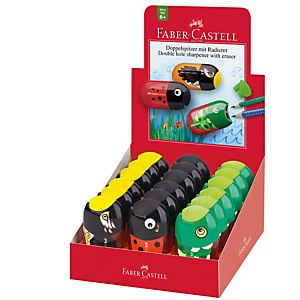 FABER-CASTELL Temperamatite Animals con contenitore - 2 fori - con serbatoio e gomma assortiti