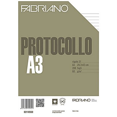 FABRIANO Fogli protocollo senza margini, Formato A4 chiuso , 1 rigo, 60 g/m² (confezione 200 fogli)
