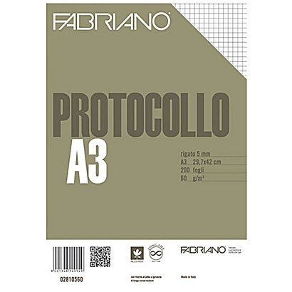 FABRIANO Fogli protocollo senza margini, Formato A4 chiuso, Quadretti 5 mm, 60 g/m² (confezione 200 fogli)