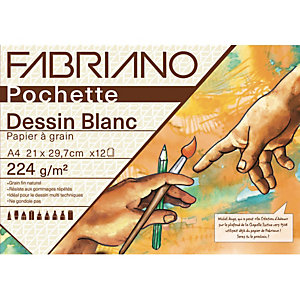 FABRIANO Pochette scolaire de 12 feuilles de papier dessin blanc à grain 224g A4