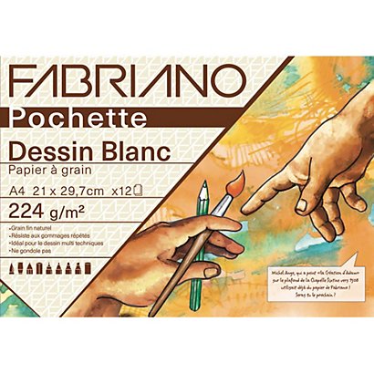 FABRIANO Pochette scolaire de 12 feuilles de papier dessin blanc à grain 224g A4
