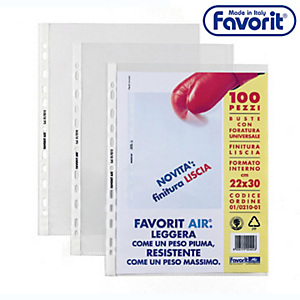 FAVORIT Air Standard Busta a foratura universale, A4, Polipropilene, Liscia, 11 fori, Trasparente (confezione 100 pezzi) FAVORIT Air Standard Busta a foratura universale, A4, Polipropilene, Liscia, 11 fori, Trasparente (confezione 100 pezzi)