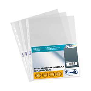 FAVORIT Busta a foratura universale, A4, Polipropilene 105 micron, Goffrata, 11 fori, Trasparente (confezione 50 pezzi) FAVORIT Busta a foratura universale, A4, Polipropilene 105 micron, Goffrata, 11 fori, Trasparente (confezione 50 pezzi)