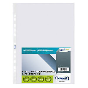 FAVORIT Busta a foratura universale, A4, Polipropilene alto spessore, Liscia, 11 fori, Trasparente (confezione 25 pezzi) FAVORIT Busta a foratura universale, A4, Polipropilene alto spessore, Liscia, 11 fori, Trasparente (confezione 25 pezzi)