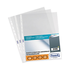 FAVORIT Busta a foratura universale, A4, Polipropilene basso spessore, Goffrata, 11 fori, Trasparente (confezione 100 pezzi) FAVORIT Busta a foratura universale, A4, Polipropilene basso spessore, Goffrata, 11 fori, Trasparente (confezione 100 pezzi)