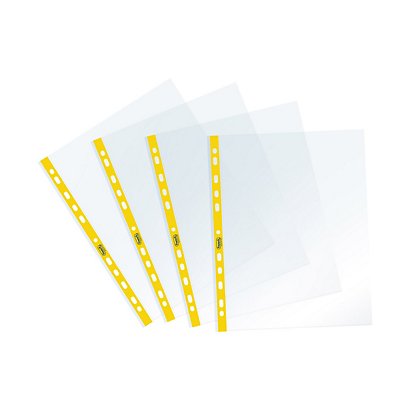 FAVORIT Busta a foratura universale Sprint, 22 x 30 cm (A4), Polipropilene, Spessore Medio, Finitura Liscia, Trasparente con bordo giallo (confezione 25 pezzi)