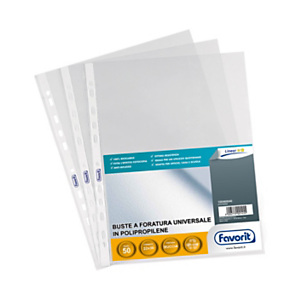 FAVORIT Linear Busta a foratura universale, A4, Polipropilene medio spessore, Goffrata, 11 fori, Trasparente (confezione 50 pezzi) FAVORIT Linear Busta a foratura universale, A4, Polipropilene medio spessore, Goffrata, 11 fori, Trasparente (confezione 50 pezzi)