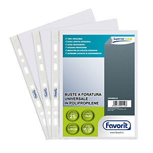 FAVORIT Superior Busta a foratura universale, Polipropilene, Liscia, 11 fori, Trasparente (confezione 25 pezzi) FAVORIT Superior Busta a foratura universale, Polipropilene, Liscia, 11 fori, Trasparente (confezione 25 pezzi)