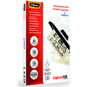 Fellowes Capture125 Pouches per plastificatrici a caldo, Finitura lucida, A3, 2 x 125 micron (confezione 100 pezzi) Fellowes Capture125 Pouches per plastificatrici a caldo, Finitura lucida, A3, 2 x 125 micron (confezione 100 pezzi)