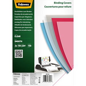 FELLOWES Copertina per rilegatura A4, PET 150 micron, Finitura lucida, Trasparente (confezione 100 pezzi) FELLOWES Copertina per rilegatura A4, PET 150 micron, Finitura lucida, Trasparente (confezione 100 pezzi)