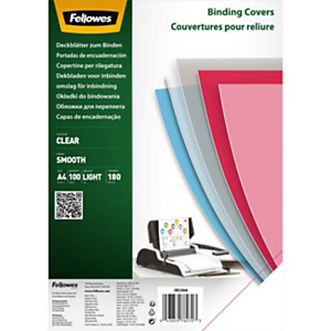 FELLOWES Copertina per rilegatura A4, PET 180 micron, Finitura lucida, Trasparente (confezione 100 pezzi) FELLOWES Copertina per rilegatura A4, PET 180 micron, Finitura lucida, Trasparente (confezione 100 pezzi)