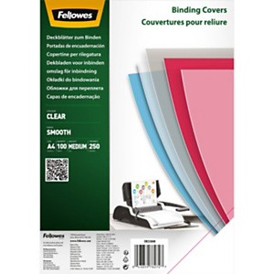 FELLOWES Copertina per rilegatura A4, PET 250 micron, Finitura lucida, Trasparente (confezione 100 pezzi) FELLOWES Copertina per rilegatura A4, PET 250 micron, Finitura lucida, Trasparente (confezione 100 pezzi)