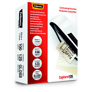 FELLOWES Pouches per plastificatrice a caldo Capture125, 8,3 x 11,3 cm, Finitura Lucida, 125 µm (confezione 100 pezzi) FELLOWES Pouches per plastificatrice a caldo Capture125, 8,3 x 11,3 cm, Finitura Lucida, 125 µm (confezione 100 pezzi)