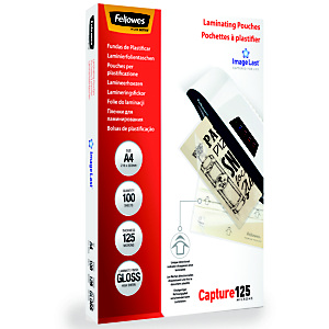 FELLOWES Pouches per plastificatrice a caldo Capture125, A4, Finitura Lucida, 125 µm (confezione 100 pezzi) FELLOWES Pouches per plastificatrice a caldo Capture125, A4, Finitura Lucida, 125 µm (confezione 100 pezzi)