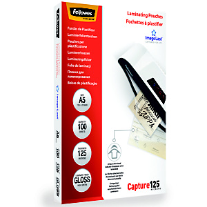 FELLOWES Pouches per plastificatrice a caldo Capture125, A5, Finitura Lucida, 125 µm (confezione 100 pezzi) FELLOWES Pouches per plastificatrice a caldo Capture125, A5, Finitura Lucida, 125 µm (confezione 100 pezzi)