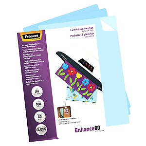 FELLOWES Pouches per plastificatrice a caldo Enhance80, A4, Finitura Lucida e Retro adesivo, 80 µm (confezione 100 pezzi) FELLOWES Pouches per plastificatrice a caldo Enhance80, A4, Finitura Lucida e Retro adesivo, 80 µm (confezione 100 pezzi)
