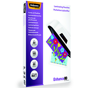 FELLOWES Pouches per plastificatrice a caldo Enhance80, A4, Finitura Opaca, 80 µm (confezione 100 pezzi FELLOWES Pouches per plastificatrice a caldo Enhance80, A4, Finitura Opaca, 80 µm (confezione 100 pezzi