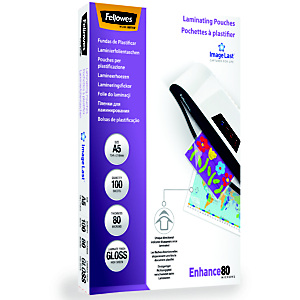 FELLOWES Pouches per plastificatrice a caldo Enhance80, A5, Finitura Lucida, 80 µm (confezione 100 pezzi) FELLOWES Pouches per plastificatrice a caldo Enhance80, A5, Finitura Lucida, 80 µm (confezione 100 pezzi)