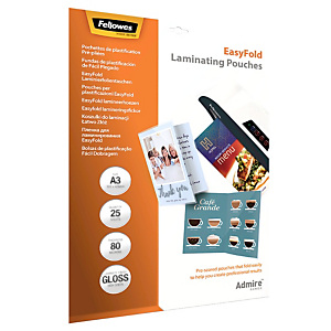 FELLOWES Pouches precordonate per plastificatrice a caldo Admire EasyFold, A3, Finitura Lucida, 80 µm (confezione 25 pezzi) FELLOWES Pouches precordonate per plastificatrice a caldo Admire EasyFold, A3, Finitura Lucida, 80 µm (confezione 25 pezzi)