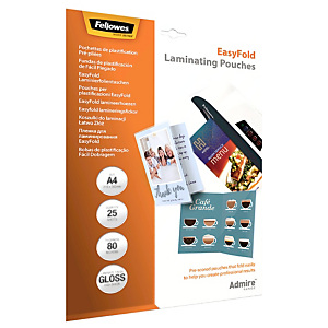 FELLOWES Pouches precordonate per plastificatrice a caldo Admire EasyFold, Finitura Lucida, A4, 80 µm (confezione 25 pezzi) FELLOWES Pouches precordonate per plastificatrice a caldo Admire EasyFold, Finitura Lucida, A4, 80 µm (confezione 25 pezzi)
