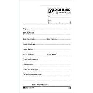 Fogli di servizio Noleggio con Conducente, Blocco 50 fogli, Autocopiante 50+50, 17 x 9,9 cm (confezione 10 blocchi) Fogli di servizio Noleggio con Conducente, Blocco 50 fogli, Autocopiante 50+50, 17 x 9,9 cm (confezione 10 blocchi)