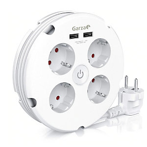 Garza Home Regleta circular múltiple con interruptor, 4 tomas, 2 USB, 1,5 m, blanco