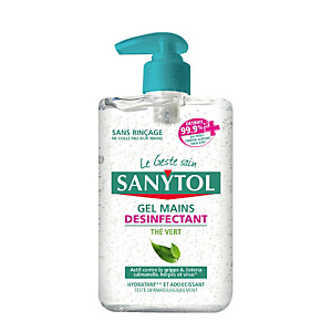 Gel mains désinfectant et hydratant Sanytol, flacon pompe de 250 ml, senteur thé vert Gel mains désinfectant et hydratant Sanytol, flacon pompe de 250 ml, senteur thé vert