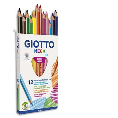 GIOTTO Etui 12 crayons de couleur Méga. Corps triangulaire, mine 5,5mm. Coloris assortis
