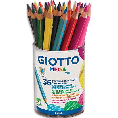 GIOTTO Pot de 36 crayons de couleur Méga. Corps triangulaire, mine 5,5mm. Coloris assortis