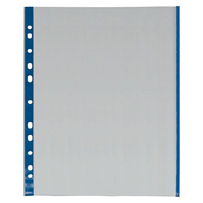 GRAFOPLAS Funda perforada, A4, polipropileno de 80 micras, 11 orificios, lisa, transparente con borde azul - 1