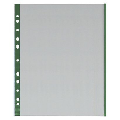 GRAFOPLAS Funda perforada, A4, polipropileno de 80 micras, 11 orificios, lisa, transparente con borde verde