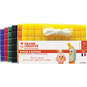 GRAINE CREATIVE Lot de 6 plaques de cire à modeler de 175g de teintes vives assorties + 3 m de mèche GRAINE CREATIVE Lot de 6 plaques de cire à modeler de 175g de teintes vives assorties + 3 m de mèche