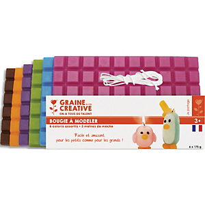GRAINE CREATIVE Lot de 6 plaques de cire à modeler de 175g de teintes vives assorties + 3 m de mèche GRAINE CREATIVE Lot de 6 plaques de cire à modeler de 175g de teintes vives assorties + 3 m de mèche