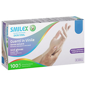 Guanto monouso Smilex Skin in vinile senza polvere, Taglia S (6/6½), Bianco trasparente (confezione 100 pezzi)