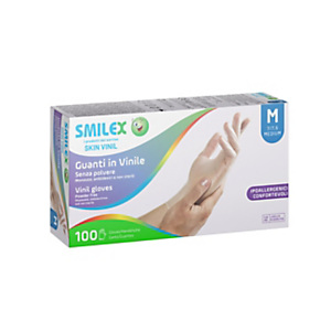 Guanto monouso Smilex Skin in vinile senza polvere, Taglia M (7/7½), Bianco trasparente (confezione 100 pezzi) Guanto monouso Smilex Skin in vinile senza polvere, Taglia M (7/7½), Bianco trasparente (confezione 100 pezzi)