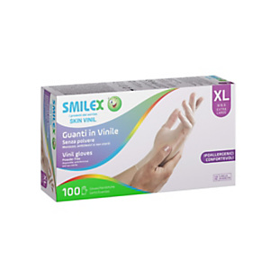 Guanto monouso Smilex Skin in vinile senza polvere, Taglia XL (9/9½), Bianco trasparente (confezione 100 pezzi) Guanto monouso Smilex Skin in vinile senza polvere, Taglia XL (9/9½), Bianco trasparente (confezione 100 pezzi)