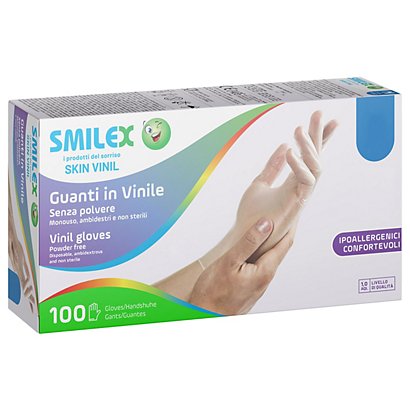 Guanto monouso Smilex Skin in vinile senza polvere, Taglia XL (9/9½), Bianco trasparente (confezione 100 pezzi)