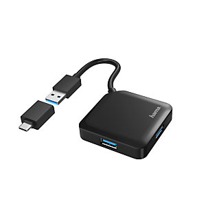 Hama Concentrador USB, 4 puertos, USB 3.2 Gen1, 5 Gbit/s, incluido adaptador USB-C, negro