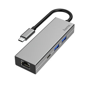 Hama Concentrador USB-C, multipuerto, 4 puertos, 2x USB-A, USB-C, LAN / Ethernet, gris
