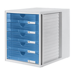 HAN Cassettiera a 5 cassetti System Box, 27,5 x 33 x 32 cm, Struttura Grigio, Cassetti Azzurro Trasparente