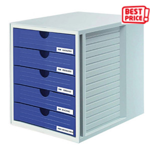 HAN Cassettiera a 5 cassetti System Box, 27,5 x 33 x 32 cm, Struttura Grigio, Cassetti Blu