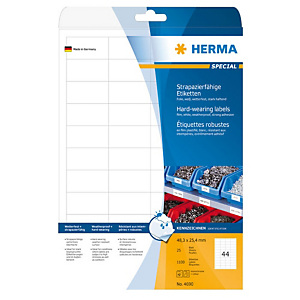 Herma Etichette autoadesive permanenti in poliestere super resistenti, 66 x 33,8 mm, Bianco, 25 fogli, 24 etichette per foglio A4 (confezione 25 fogli da 24 etichette) Herma Etichette autoadesive permanenti in poliestere super resistenti, 66 x 33,8 mm, Bianco, 25 fogli, 24 etichette per foglio A4 (confezione 25 fogli da 24 etichette)