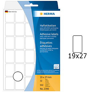 Herma Etiqueta de papel adhesiva permanente, 19 x 27 mm, 32 hojas, 30 etiquetas por hoja, blanco Herma Etiqueta de papel adhesiva permanente, 19 x 27 mm, 32 hojas, 30 etiquetas por hoja, blanco