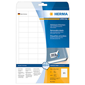 Herma Etiqueta de papel autoadhesiva despegable, 38,1 x 21,2 mm, 25 hojas, 65 etiquetas por hoja A4, blanco Herma Etiqueta de papel autoadhesiva despegable, 38,1 x 21,2 mm, 25 hojas, 65 etiquetas por hoja A4, blanco