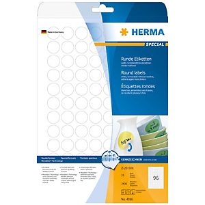 Herma Etiqueta de papel autoadhesiva despegable, redonda, 20 mm, 25 hojas, 96 etiquetas por hoja, blanco Herma Etiqueta de papel autoadhesiva despegable, redonda, 20 mm, 25 hojas, 96 etiquetas por hoja, blanco