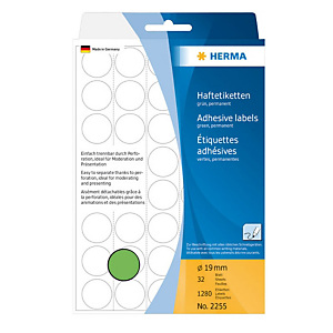 Herma Etiqueta de papel de colores adhesiva permanente, redonda, 19 mm, 32 hojas, 40 etiquetas por hoja, verde Herma Etiqueta de papel de colores adhesiva permanente, redonda, 19 mm, 32 hojas, 40 etiquetas por hoja, verde