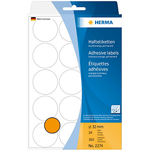 Herma Etiqueta de papel de colores adhesiva permanente, redonda, 32 mm, 24 hojas, 15 etiquetas por hoja, naranja luminoso Herma Etiqueta de papel de colores adhesiva permanente, redonda, 32 mm, 24 hojas, 15 etiquetas por hoja, naranja luminoso