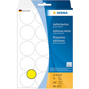 Herma Etiqueta de papel de colores adhesiva permanente, redonda, 32 mm, 32 hojas, 15 etiquetas por hoja, amarillo Herma Etiqueta de papel de colores adhesiva permanente, redonda, 32 mm, 32 hojas, 15 etiquetas por hoja, amarillo
