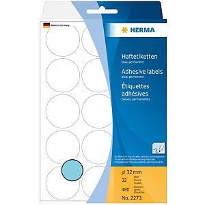 Herma Etiqueta de papel de colores adhesiva permanente, redonda, 32 mm, 32 hojas, 15 etiquetas por hoja, azul Herma Etiqueta de papel de colores adhesiva permanente, redonda, 32 mm, 32 hojas, 15 etiquetas por hoja, azul