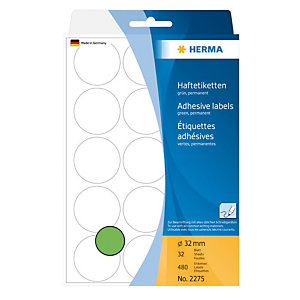 Herma Etiqueta de papel de colores adhesiva permanente, redonda, 32 mm, 32 hojas, 15 etiquetas por hoja, verde